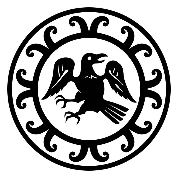 Diseño en estilo nórdico antiguo. Escudo vikingo con ornamentación escandinava-celta y cuervo pintado en estilo retro vintage, aislado en blanco, ilustración vectorial - Vector, imagen