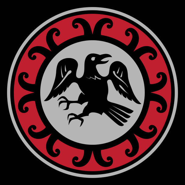 Diseño en estilo nórdico antiguo. Escudo vikingo con ornamentación escandinava-celta y cuervo pintado en estilo retro vintage, aislado en negro, ilustración vectorial - Vector, imagen