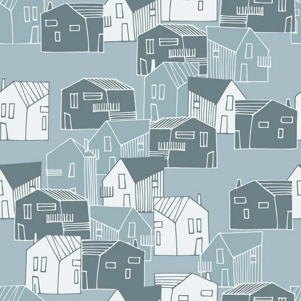 Бесшовный рисунок с небольшими отдельно стоящими, односемейными домами на сером фоне для дизайна поверхности и других дизайнерских проектов - Вектор,изображение