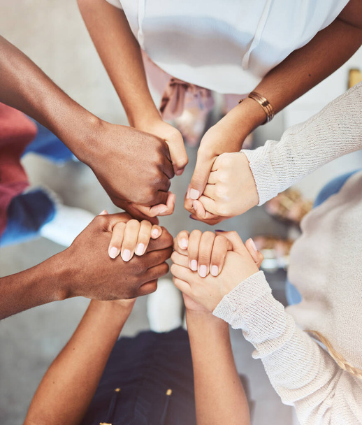 Support, prayer and trust with people holding hands in counseling for mental health, wellness or teamwork. Worship, hope and community group therapy for help, solidarity or spiritual faith from above. - Photo, Image