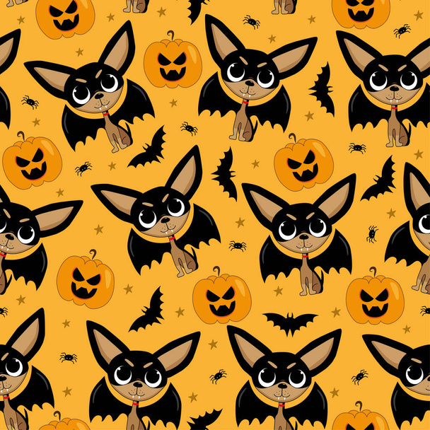 Wampir pies ze skrzydłami nietoperza, i dynia, pająk, kreskówka bezszwowy wzór na Halloween. - Wektor, obraz