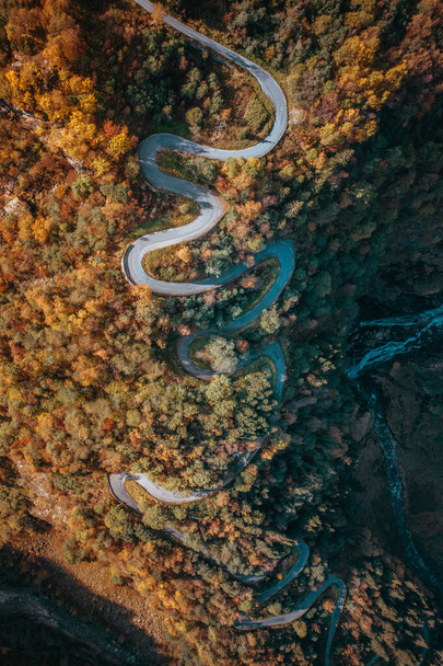 Winding and Twisting Steep Hill in the Fall Bird's Eye View - Photo, Image