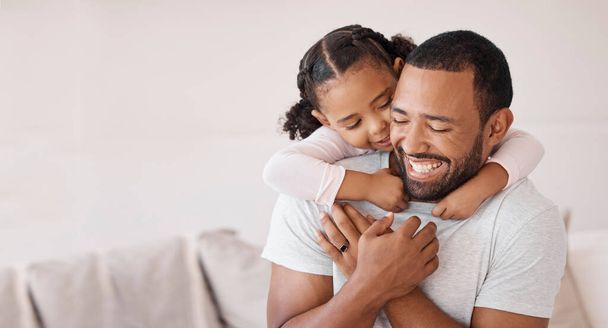 Kid hugging dad in lounge for happy fathers day, love and care while relaxing, bonding and funny play at home. Mockup with excited girl child, smile parent man and laughing family happiness together. - Photo, Image