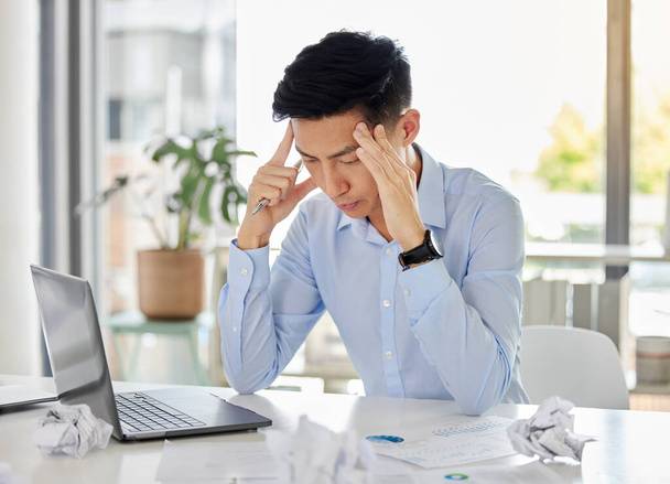 Stress, anxiety or headache of businessman with laptop working on online report, proposal or copywriting at office desk workplace. Burnout, frustrated and corporate worker with problem, fail or error. - Photo, image