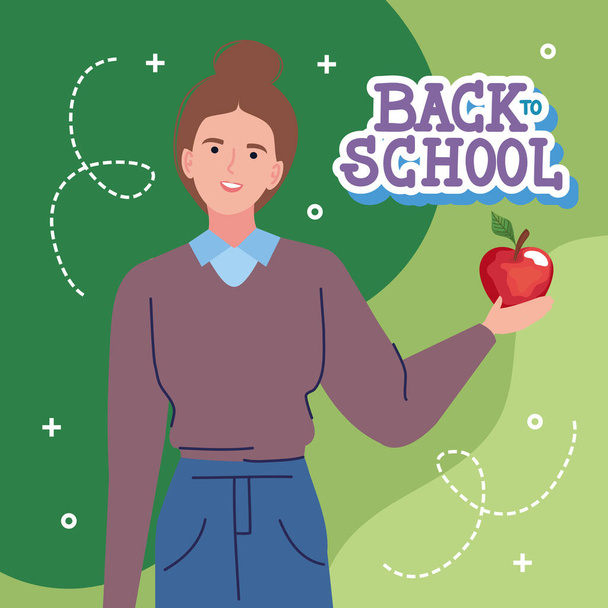 back to school lettering with teacher and apple poster - Vector, Image