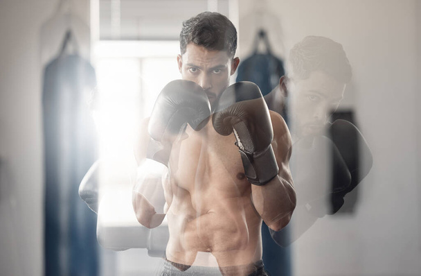 Fitness exercise with motion blur, sports man action training in gym and mma workout body motivation portrait. Strong muscular athlete boxer in sportswear, muay thai arms in action and boxing gloves. - Foto, Imagen