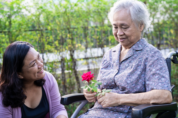 Cuidador hija abrazo y ayuda asiática senior o anciana anciana anciana mujer sosteniendo rosa roja en silla de ruedas en parque. - Foto, Imagen