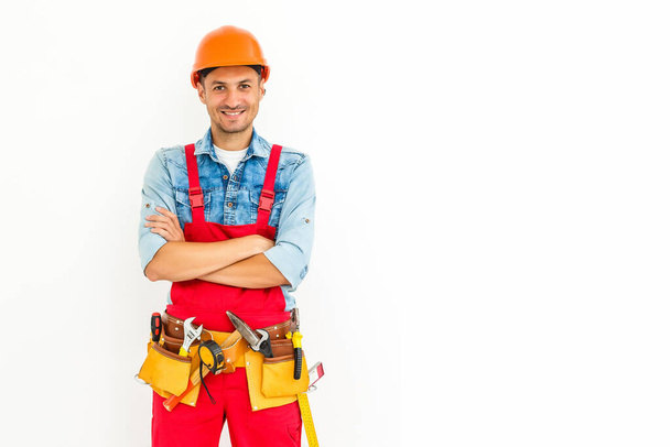 Imagem de stock do trabalhador da construção masculina sobre fundo branco - Foto, Imagem