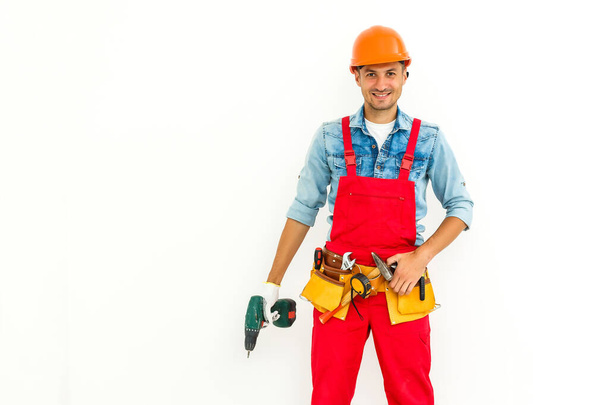 Stock image of male construction worker over white background - Photo, Image