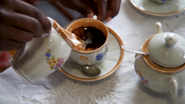 Lähikuva nuoren naisen kädet valmistella ja juoda kahvia maitoa ja sokeria käyttäen vintage posliini kuppi kukkia kuvio - Materiaali, video