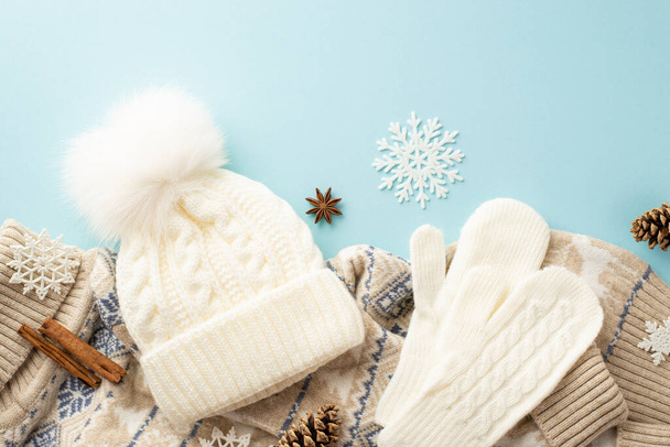 Téli koncepció. Top view fotó fehér kesztyűk bólogatós kalap kötött pulóver hópelyhek fenyőtoboz ánizs és fahéj rúd izolált pasztell kék háttér - Fotó, kép
