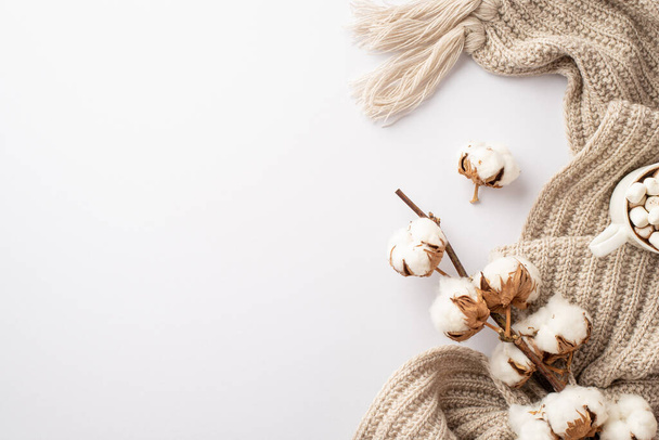 Winter season aesthetic. Top view photo of knitted plaid cup of hot drinking with marshmallow and cotton branch on isolated white background with copyspace - Φωτογραφία, εικόνα