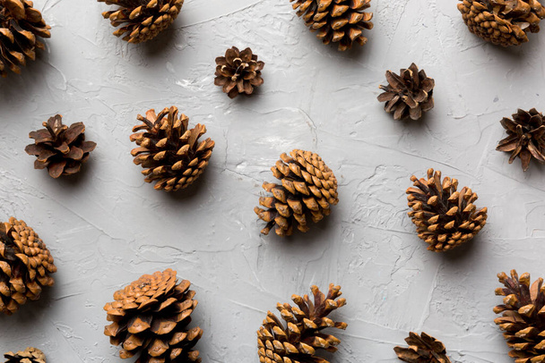 pine cones on colored table. natural holiday background with pinecones grouped together. Flat lay. Winter concept. - Foto, immagini