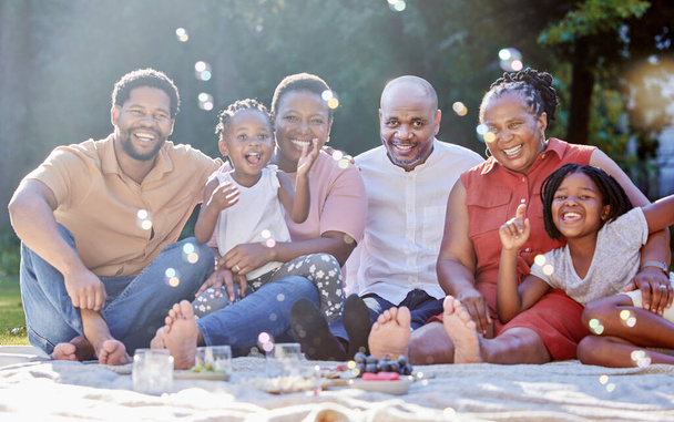 Portre, mutlu siyah aile ve yaz pikniği mutluluk ve baloncuklar doğada eğlence ve kaynaşma zamanı. Neşeli Afrikalı insanlar grup nesiller ve açık havada dinlenen anlarda birlikte gülümserler.. - Fotoğraf, Görsel