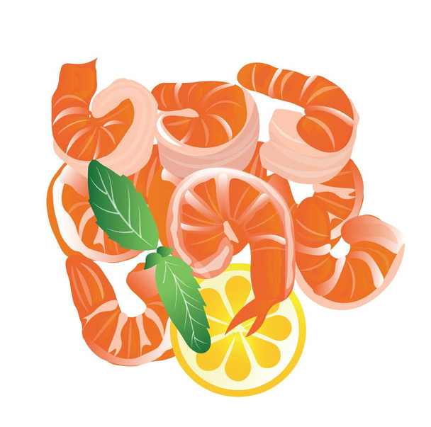 Вкусные вареные креветочные хвосты и лимон на белом фоне - Вектор,изображение