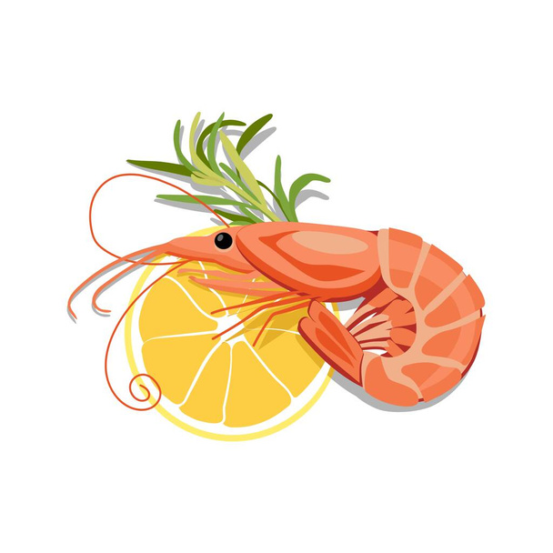 Lekker gekookte garnalen, rozemarijn en citroen op witte achtergrond - Vector, afbeelding
