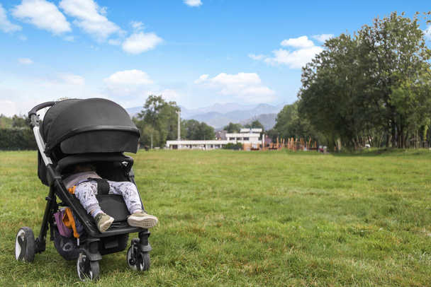 the child sleeps in the stroller in the fresh air. Park and mountain clean air. Vacation - Fotoğraf, Görsel