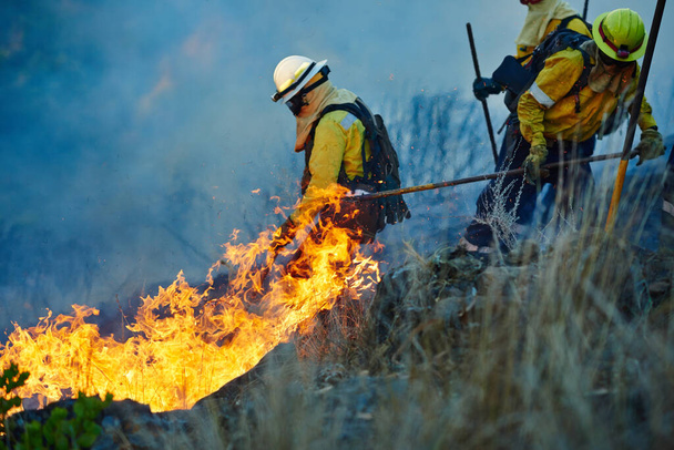 Volviendo a las llamas. bomberos que combaten un incendio salvaje - Foto, imagen