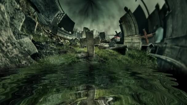 Oude verlaten kerkhof weerspiegeld in water - Video