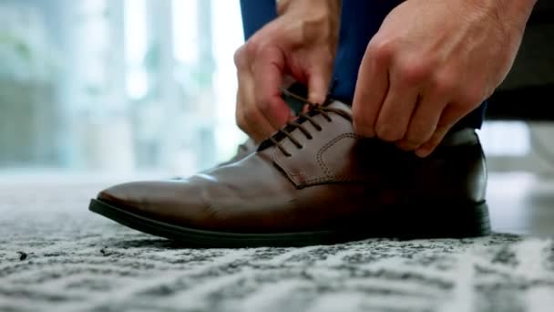 Hands, business person and leather shoes for formal corporate career man with expensive style. Designer footwear for stylish, elegant and professional person with classy fashion choice - Footage, Video