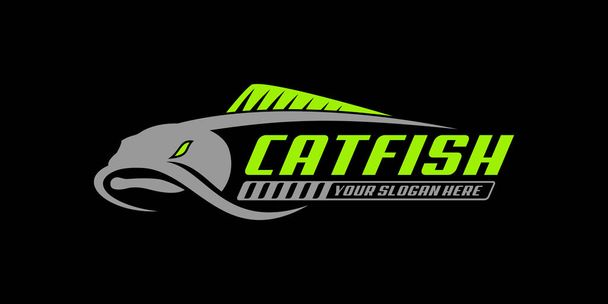 Siyah arka planda kedi balığı avlama logosu. Modern klasik kırsal logo tasarımı. Herhangi bir balıkçılık şirketi logosu olarak kullanmak için harika. - Vektör, Görsel