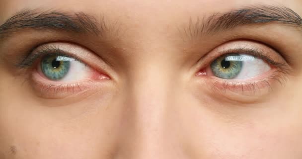 ズームの目、視力と焦点を持つ女性の顔にまつ毛や眉。「青い目で正面を見て」と考えながら、点滅し、開いて、眼球の焦点を持つ女性の肖像画. - 映像、動画