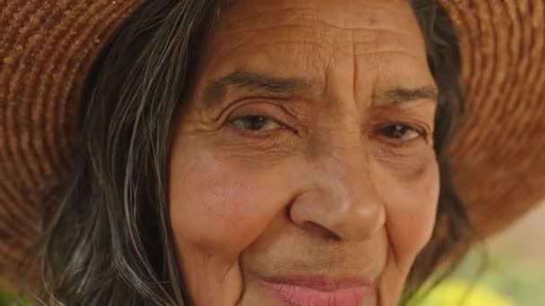 Sustainability, agriculture and woman farmer face standing outdoors, retirement and relax lifestyle. Portrait of elderly female thinking and enjoying a quiet, peaceful summer morning in Mexico. - Video, Çekim