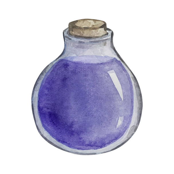 Akvarel ilustrace, láhev s fialovým lektvarem izolované na bílém pozadí - Fotografie, Obrázek