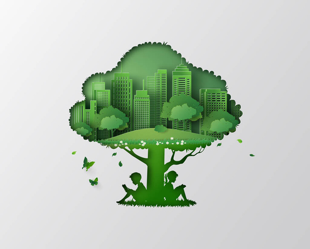 Ecology and environment concept  with  frame of child reading a book under the big tree,Paper cut style. - Vector, Image