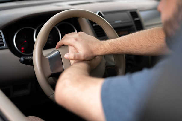 Close up hands of Car Driver Honking in a traffic jam. Copy space - Foto, Imagen