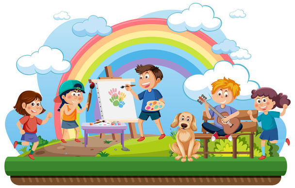 Niños haciendo actividades en el parque ilustración - Vector, imagen