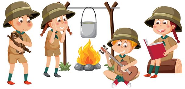 Camping crianças com fogueira ilustração - Vetor, Imagem