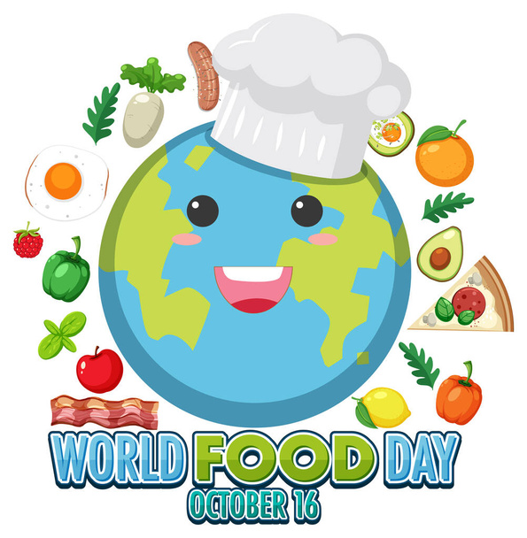 Texte de la Journée mondiale de l'alimentation avec illustration des éléments alimentaires - Vecteur, image