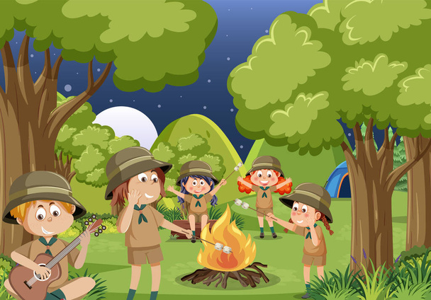 Children camping out forest scene illustration - Vetor, Imagem