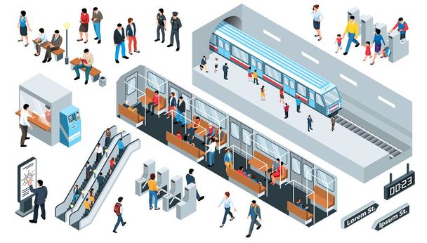Ισομετρική εικόνες του μετρό που με underground επιβάτες και τρένα απομονωμένη διανυσματική απεικόνιση - Διάνυσμα, εικόνα