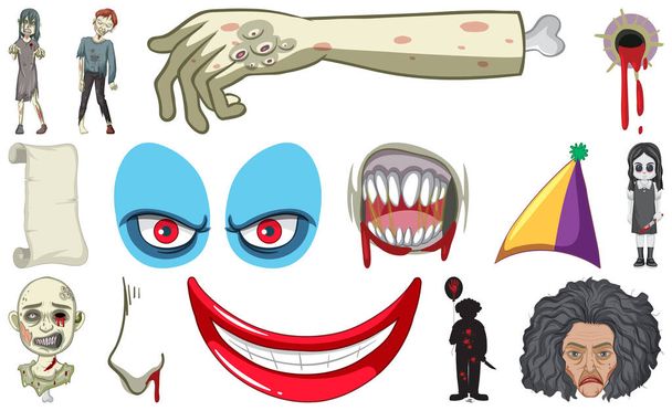 Set of horror halloween objects and cartoon characters illustration - Vektori, kuva