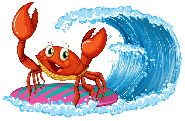 Cute crab cartoon character surfing illustration - Vector, afbeelding