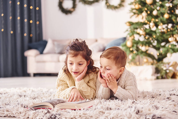 Laying down on the ground. Little brother and sister is at christmas decorated room together. - Foto, Imagem