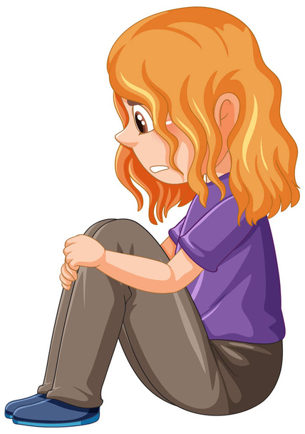Vista lateral da menina triste sentado cartonagem ilustração personagem - Vetor, Imagem