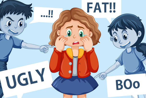 Sad girl surrounded by bullying words illustration - Vettoriali, immagini