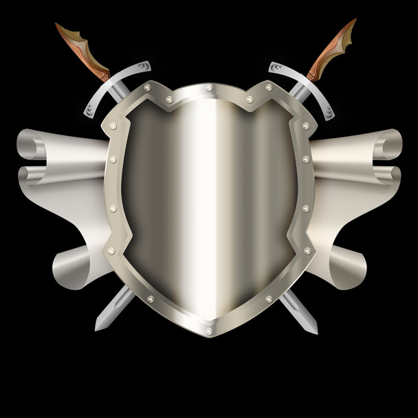 Shield with scroll and swords. - Zdjęcie, obraz