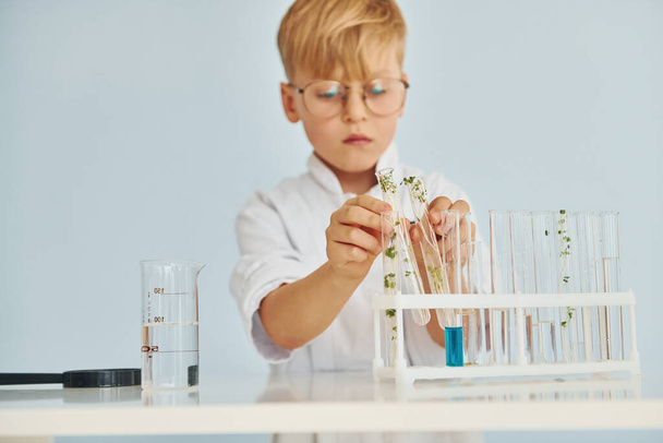 Uses test tubes. Little boy in coat playing a scientist in lab by using equipment. - 写真・画像
