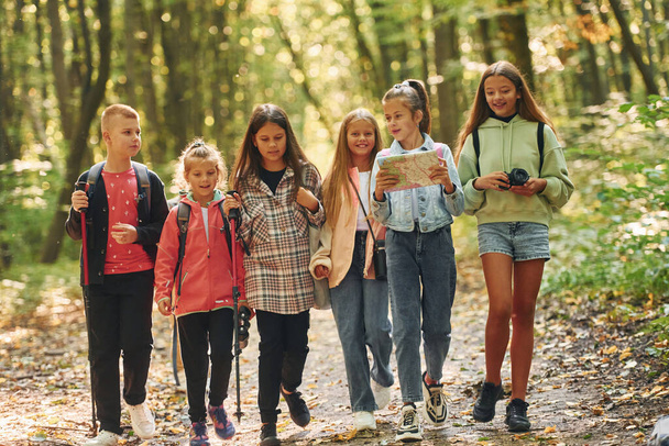 Group of people. Kids in green forest at summer daytime together. - Fotografie, Obrázek