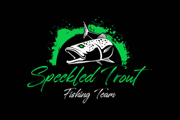 Logo der Forellenfischerei auf schwarzem, dunklem Hintergrund. modernes rustikales Vintage-Logo-Design. groß zu verwenden, als Ihr jedes Fischereiunternehmen Logo und Marke - Vektor, Bild