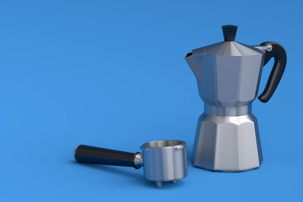 Espresso coffee machine with horn and geyser coffee maker for preparing breakfast on blue background. 3d render of coffee pot for making latte coffee - 写真・画像
