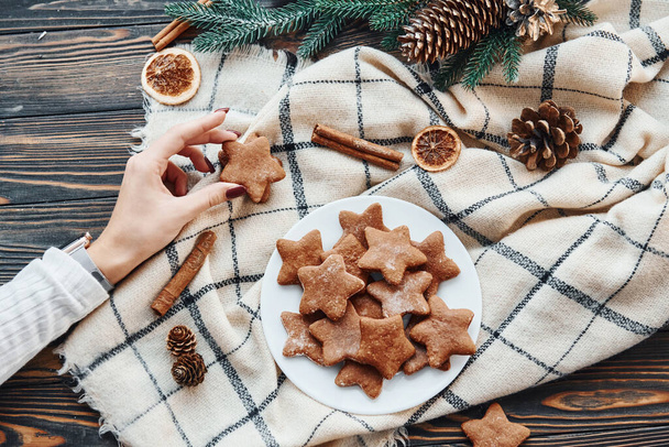Sweet cookies. Christmas background with holiday decoration. - Fotó, kép