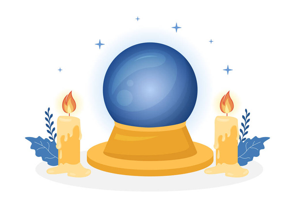 Fortune Teller Template disegnato a mano cartone animato illustrazione piatta con sfera di cristallo, libro magico o carte per predire il destino e raccontare il concetto futuro - Vettoriali, immagini