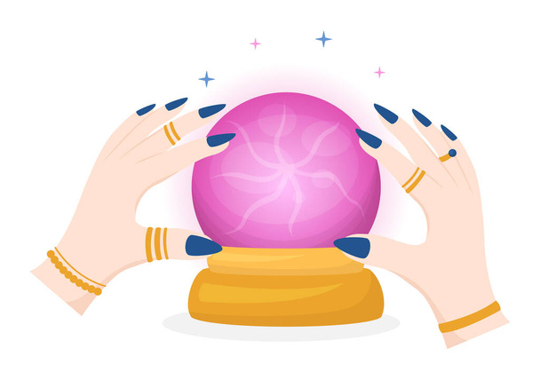 Fortune Teller Template Hand Drawn Cartoon Flat Illustration with Crystal Ball, Magic Book or Cards for Predicts Fate and Telling the Future Concept - Vector, Image