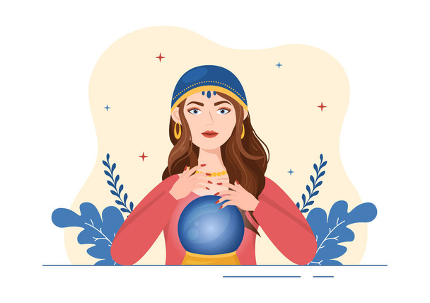 Fortune Teller Template Hand Drawn Cartoon Flat Illustration with Crystal Ball, Magic Book or Cards for Predicts Fate and Telling the Future Concept - Vektor, obrázek