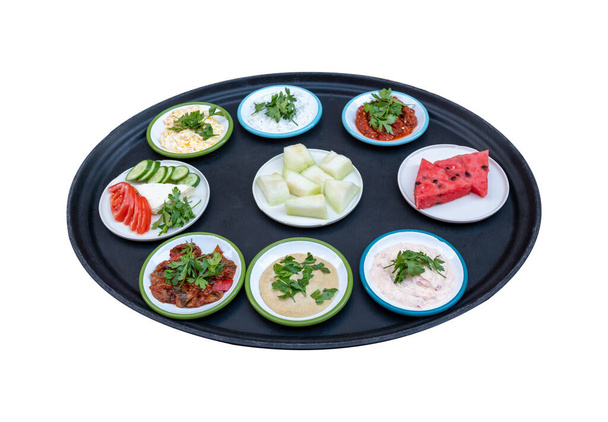 Turkish appetizers on the serving plate. Meze. Top view - Photo, Image